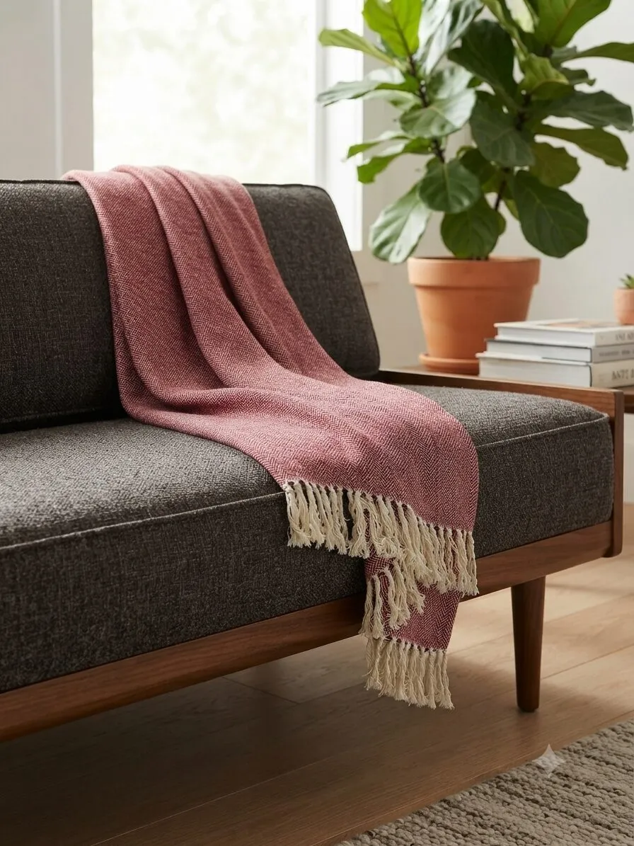 Les Ottomans Rosa plaid bomuld med kvaster