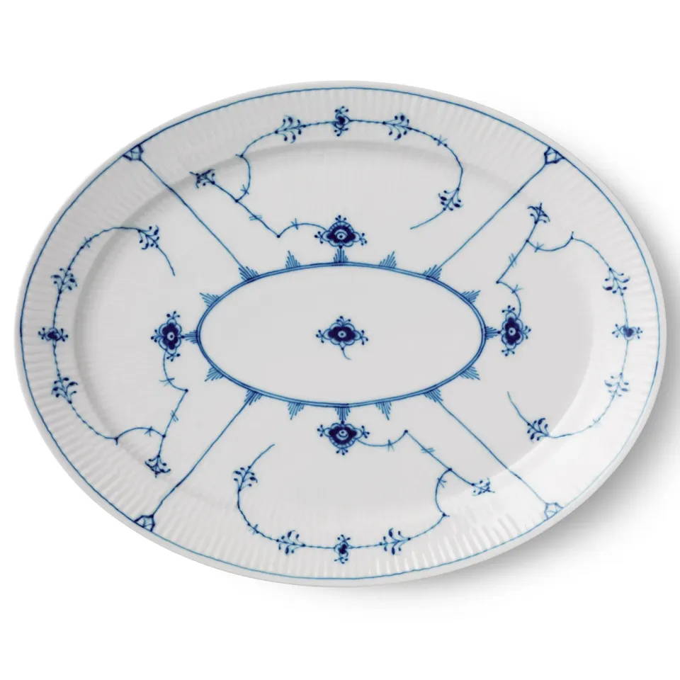 Kgl. Porcelæn Musselmalet Riflet fad 35 cm ovalt servering