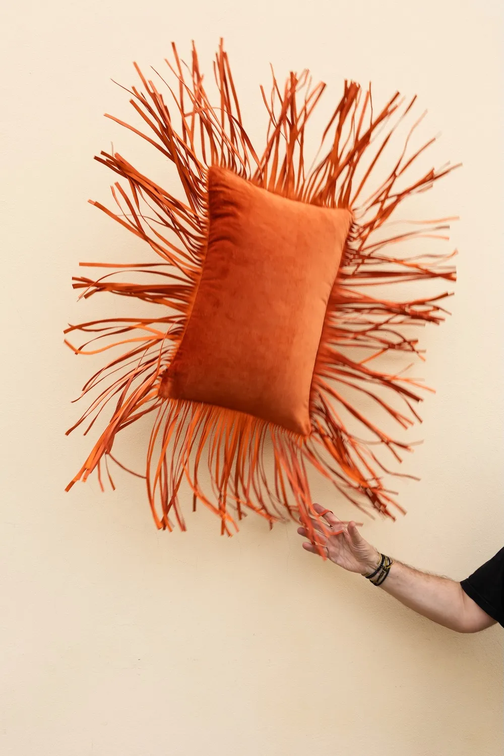 Les Ottomans pudebetræk bomuldsvelour orange læderfrynser