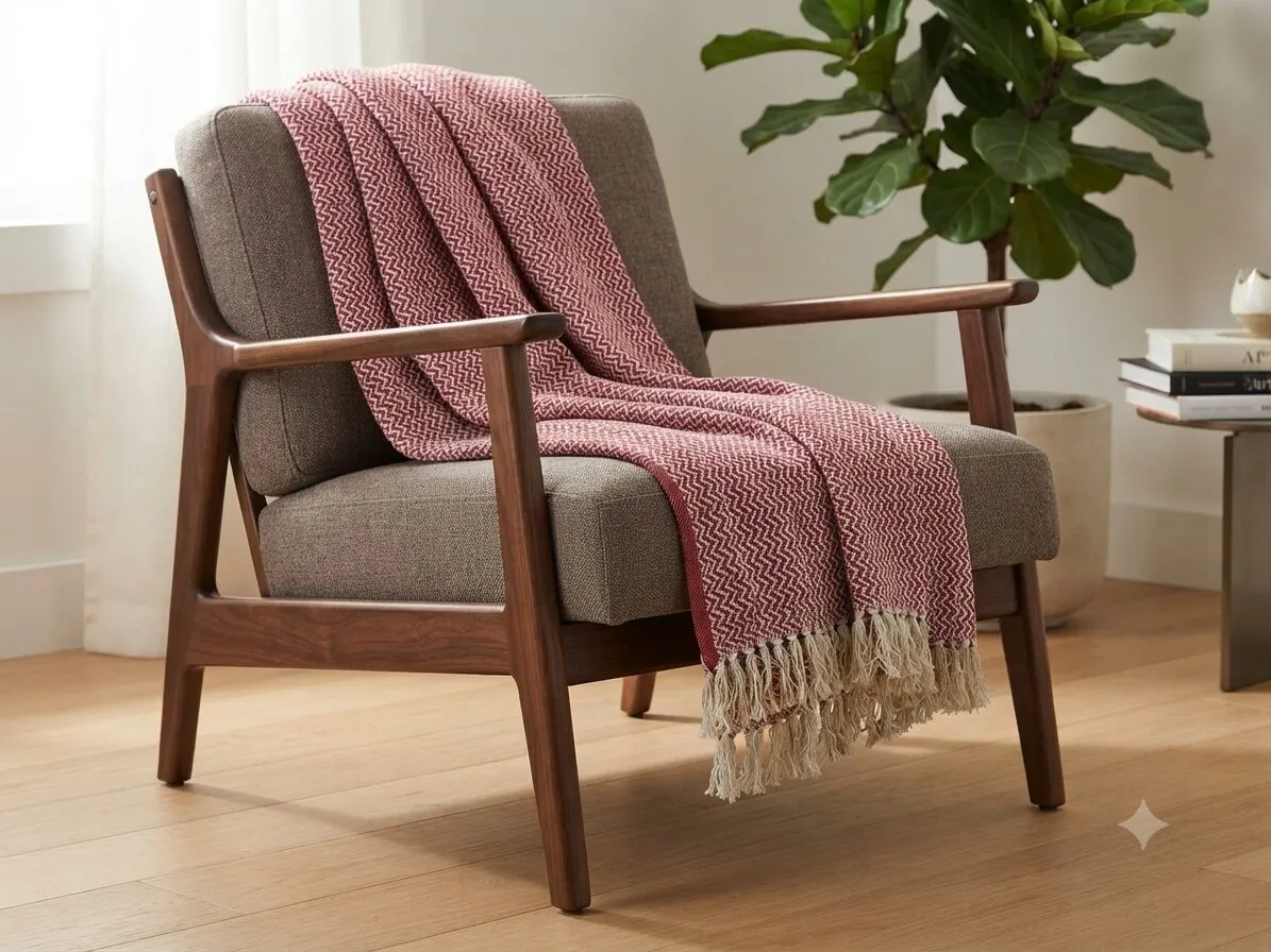 Les Ottomans Rosa plaid bomuldstæppe rosa med kvaster