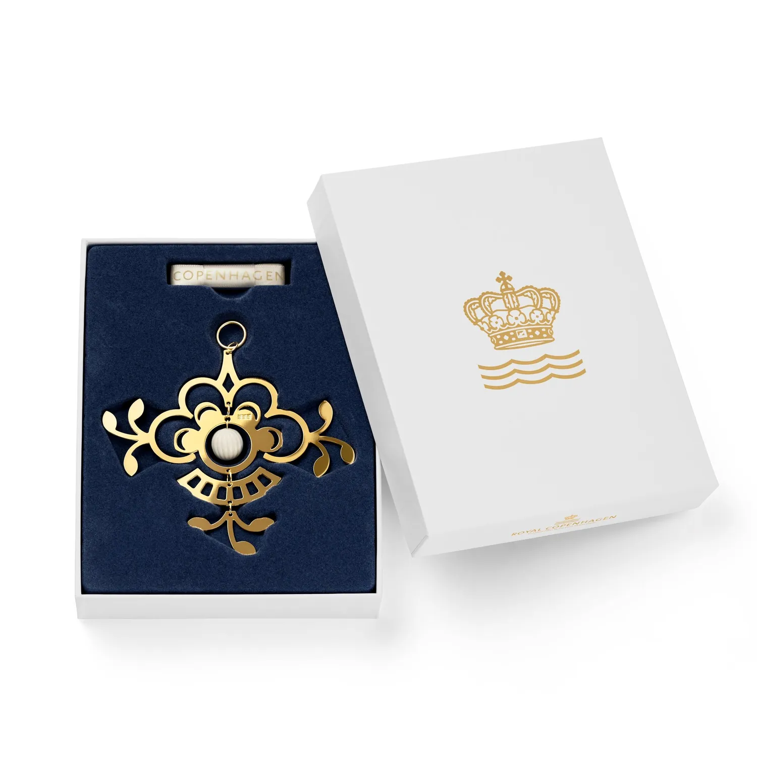 Kgl. Porcelæn Musselmalet juleornament blomst 10 cm forgyldt