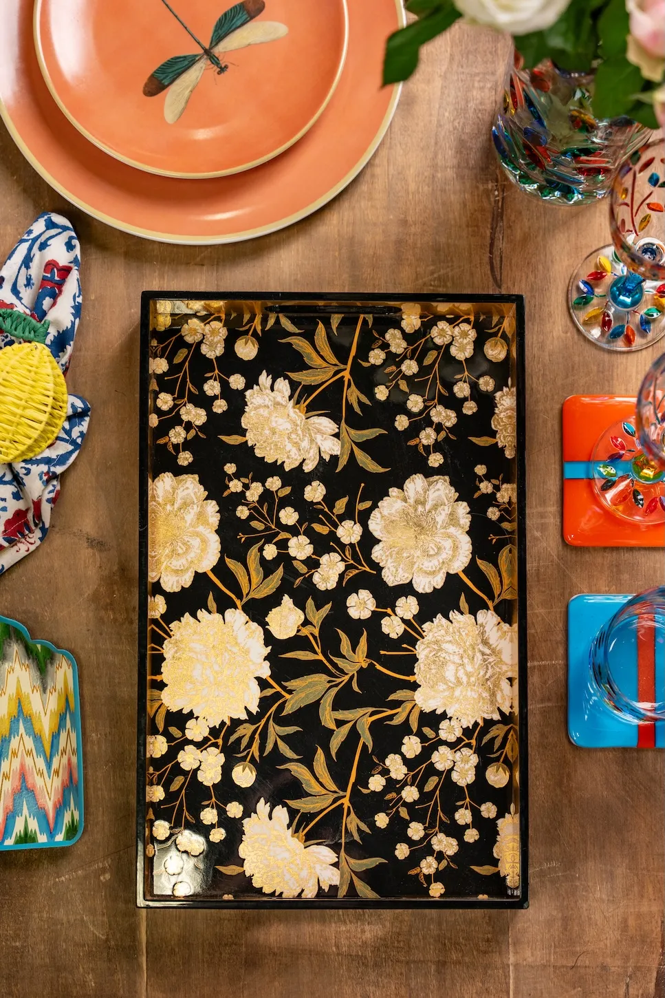 Les Ottomans LT04 bakke lakeret træ blomstret