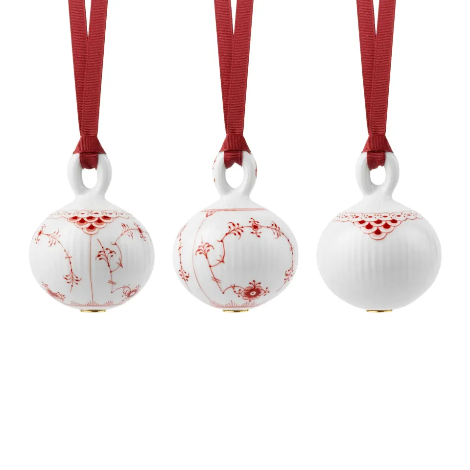 Kgl. Porcelæn Rød Musselmalet julekugle 9 cm 3 stk håndmalet