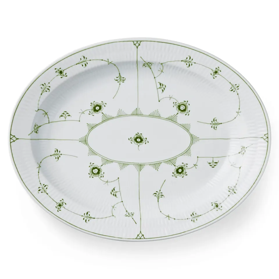 Kgl. Porcelæn Grøn Musselmalet fad 36 cm ovalt